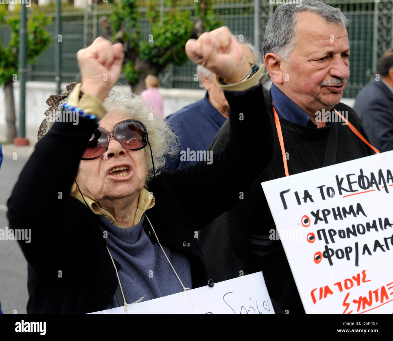 Athens, Greece. 19th April 2013. Pensioners shout slogans during a protest march in Athens. About 2,000 pensioners marched to Villa Maximos, the official residence of the Prime Minister of Greece to protest against cuts in pensions with rising taxes. Photo: Giorgos Nikolaidis/Art of Focus/Alamy Live News Stock Photo