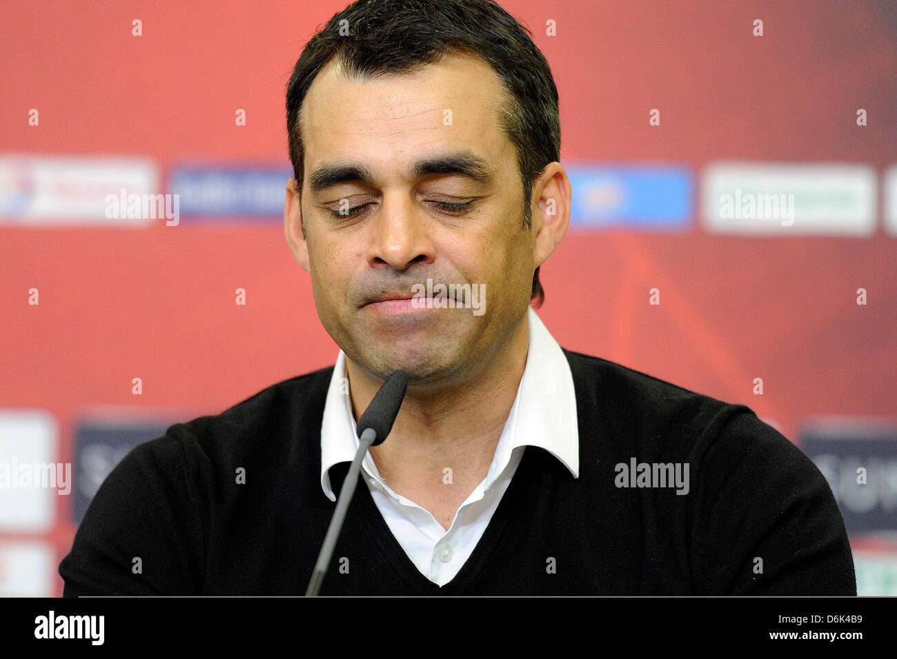 Former Leverkusen head coach Robin Dutt talks at a press conference at