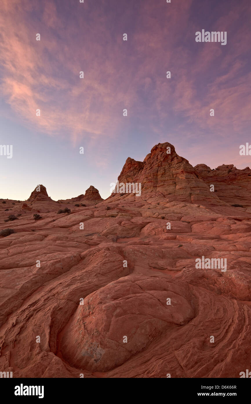 Swirl erosion pattern with pink clouds at dawn, Coyote Buttes Wilderness, Vermillion Cliffs National Monument, Arizona, USA Stock Photo
