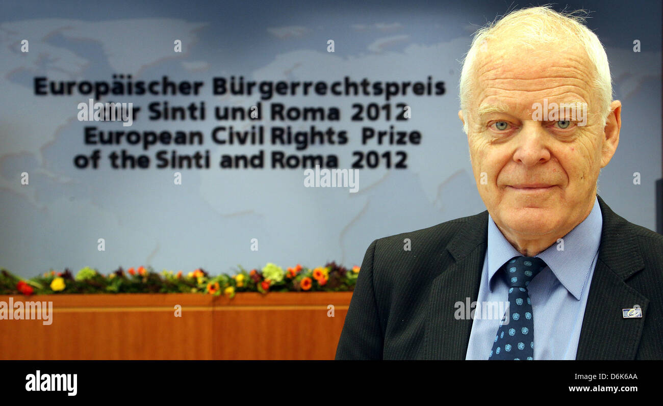 Swedish European Commissioner for Human Rights Thomas Hammarberg is pictured in Berlin before the awarding of the European Civil Rights Prize by the Central Council of German Sinti and Roma in Berlin, Germany, 03 April 2012. Hammarberg considers Europe's governments to have an obligation towards Europe's largest minority, especially in light of the Holocaust which claimed the lives Stock Photo
