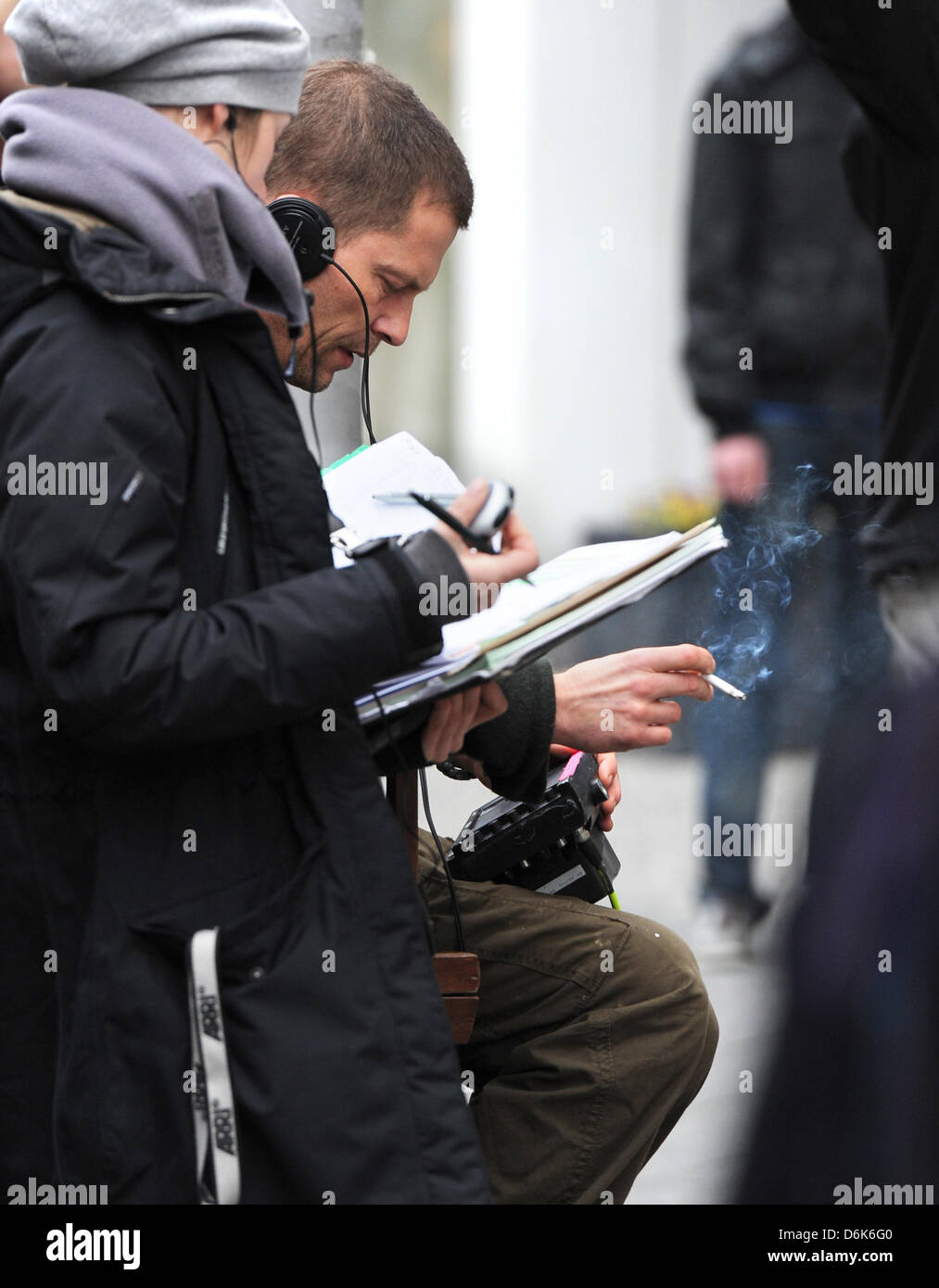 Til Schweiger directs the filming of the movie 'Schutzengel' (protective angel) at Friedrichstraße in Berlin, Germany, 03 April 2012. The action thriller by actor and director Til Schweiger is being filmed in and around Berlin and will come to German cinemas on 27 September 2012. Photo: Matthias Balk Stock Photo