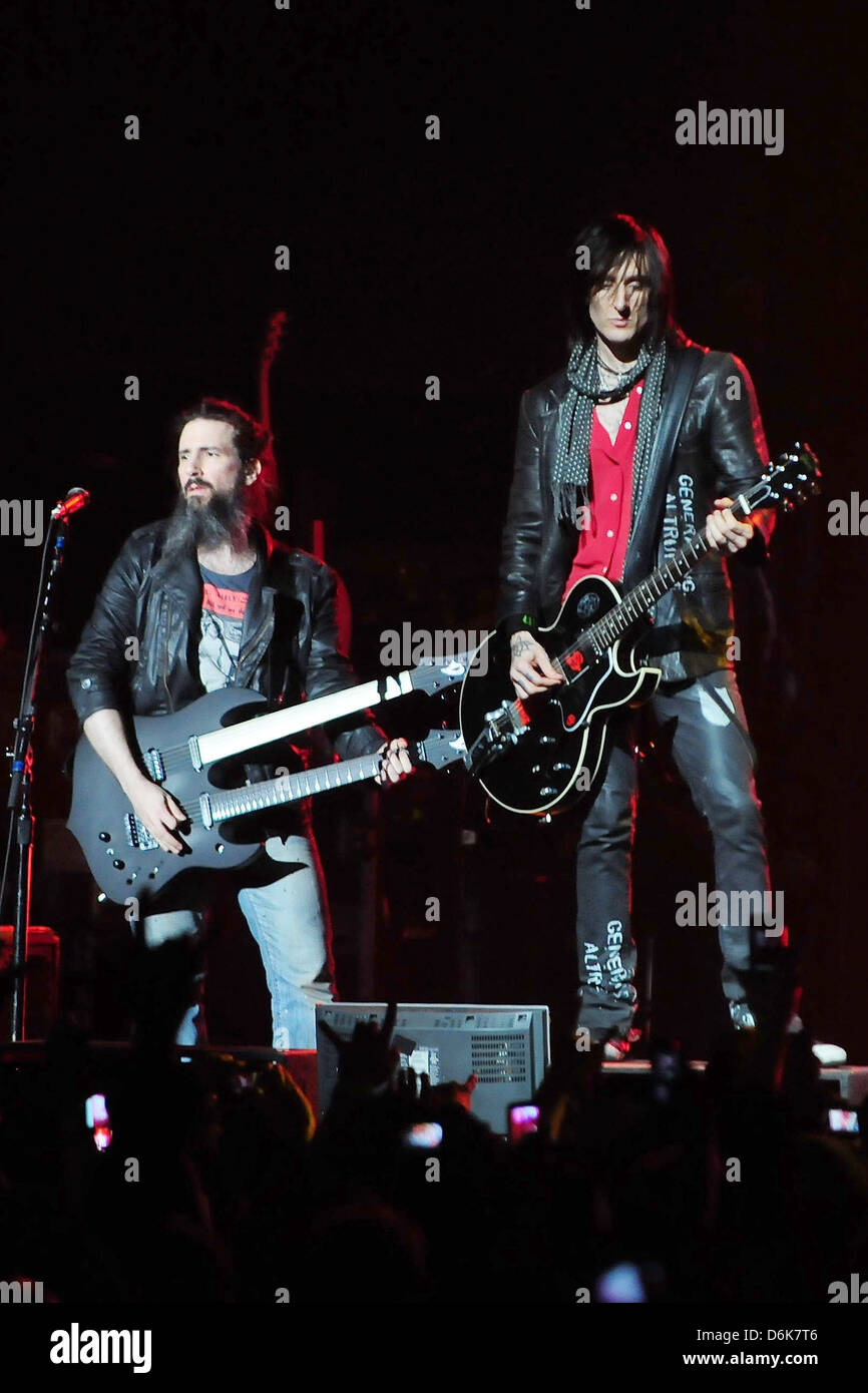 Ron 'Bumblefoot' Thal and Richard Fortus of Guns N' Roses performs at the American Airlines Arena during his North American Stock Photo