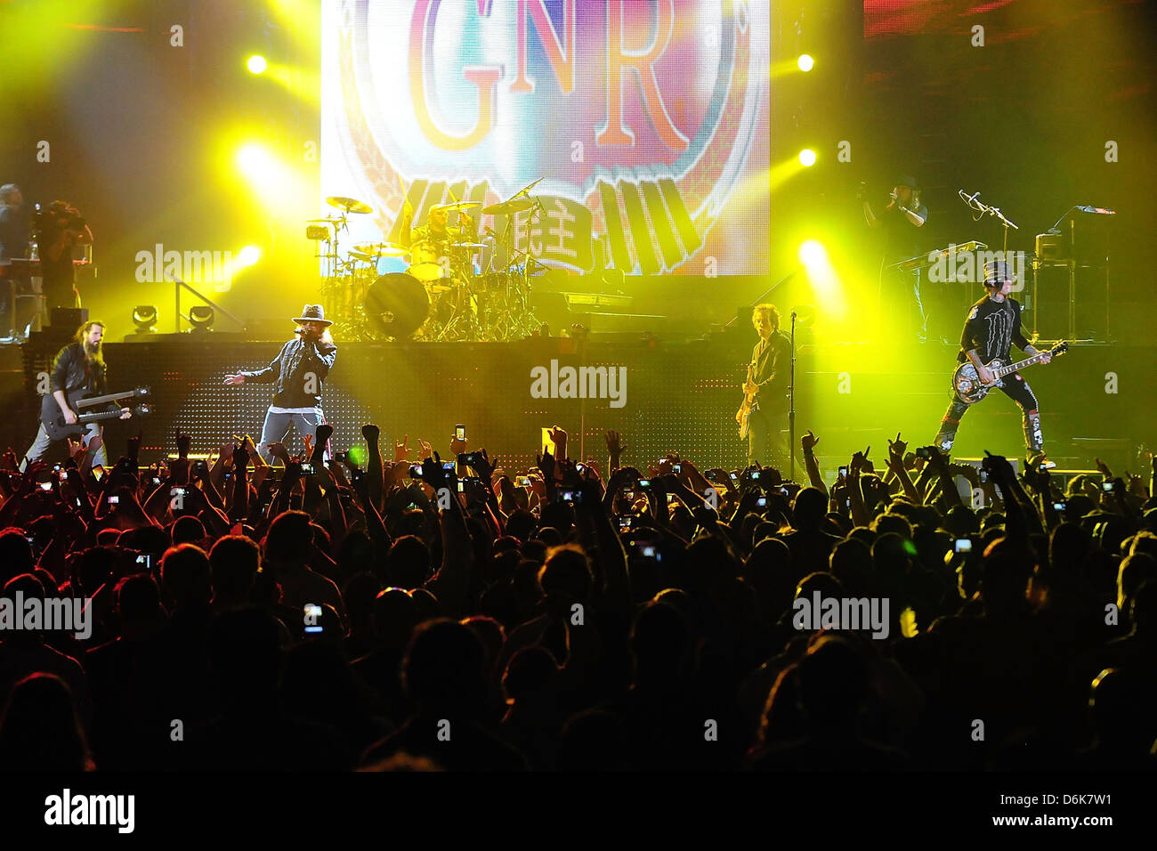 Axl Rose, Guitarist/ songwriter Dj Ashba of Guns N' Roses performs at