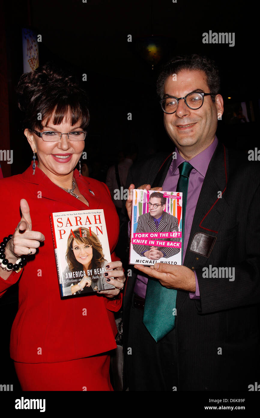 Dorothy Bishop (as Sarah Palin) poses with Michael Musto Michael Musto promotes his new book 'Fork On The Left, Knife In The Stock Photo
