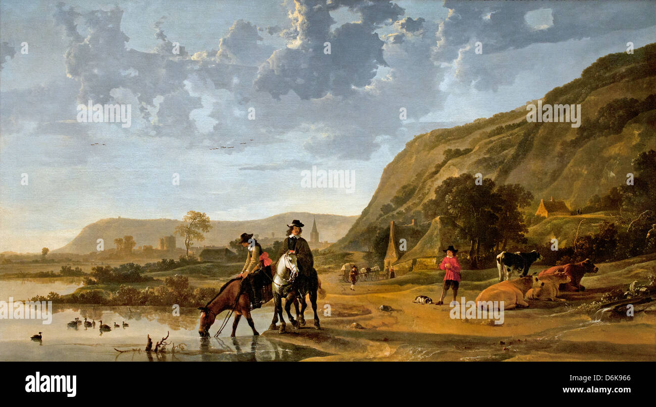 River landscape with riders 1655 Aelbert Cuyp Dutch Netherlands Stock Photo