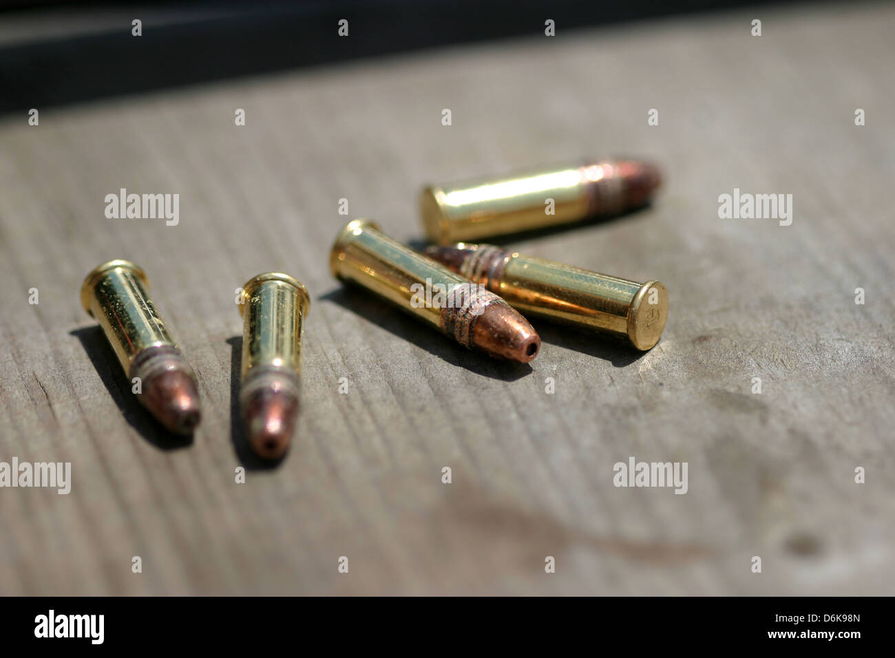 .22 caliber ammunition cartridges at a sport shooting range Stock Photo