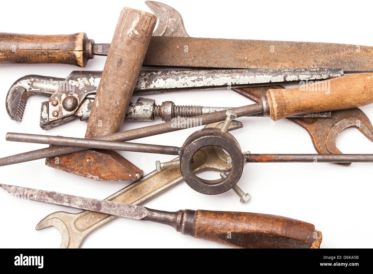 old metal work hand tools with rust on white background Stock Photo