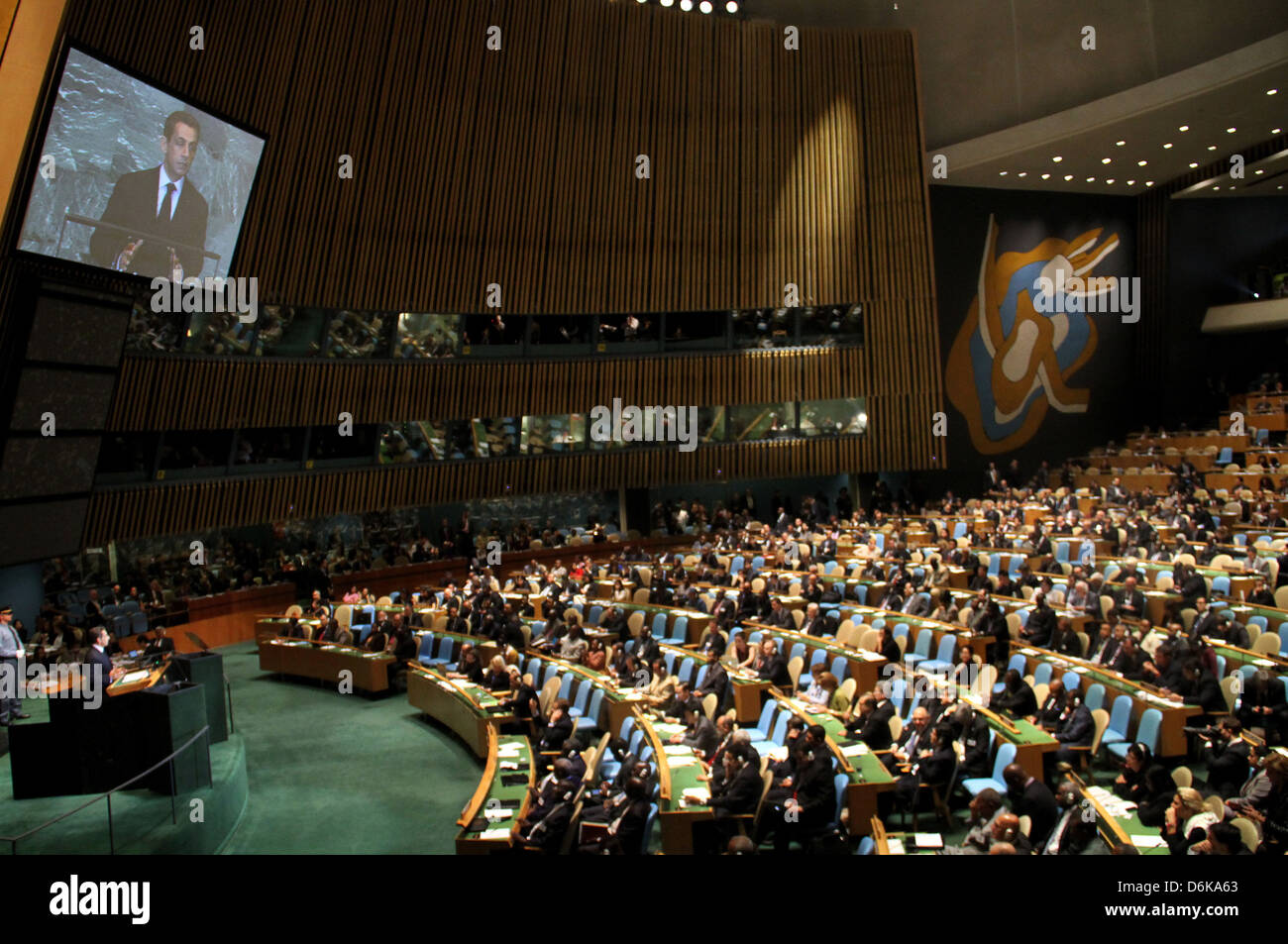 French President Nicolas Sarkozy delivers an address at the United Nations General Assembly at UN headquarters on September 21, Stock Photo