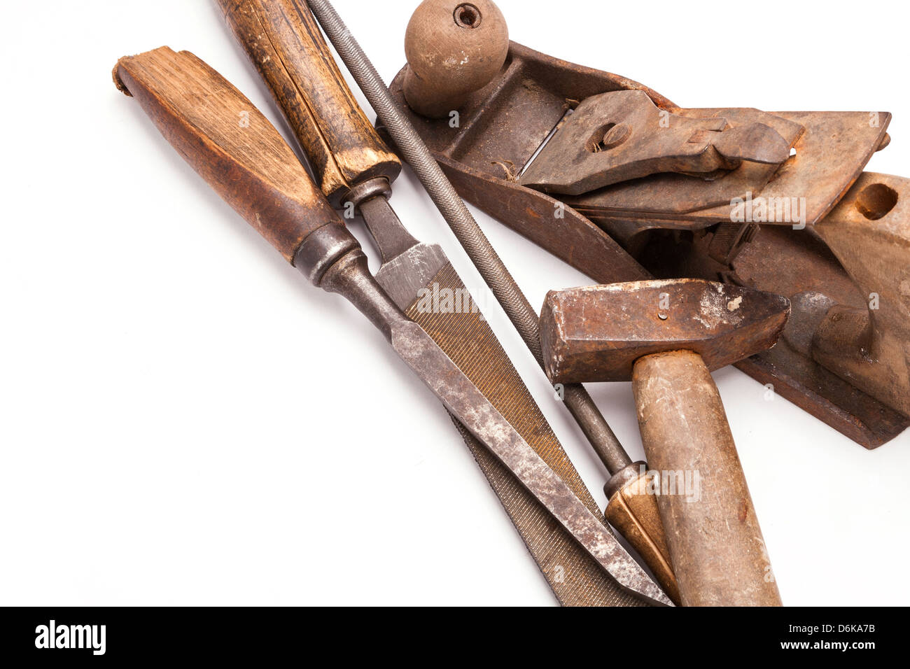 old metal work hand tools with rust on white background Stock Photo