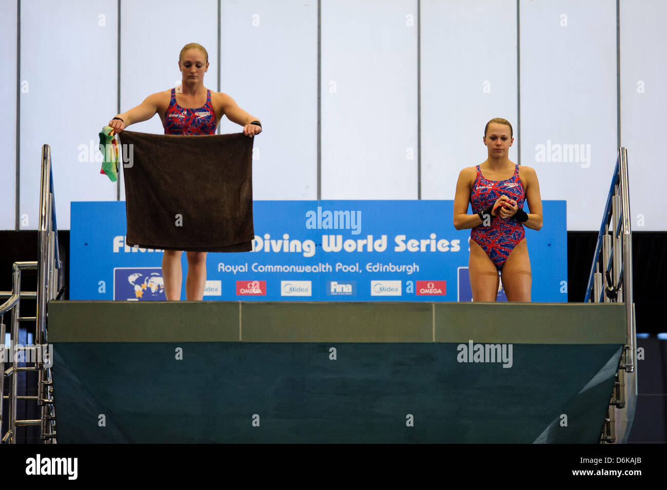 Edinburgh, UK. 19th April, 2013. Tonia Couch &amp; Sarah Barrow of Great Britain (GBR) in action during the during the Womens 10m Synchronised Platform Final on Day 1 of the FINA/Midea Diving World Series 2013 at the Royal Commonwealth Pool in Edinburgh. Stock Photo