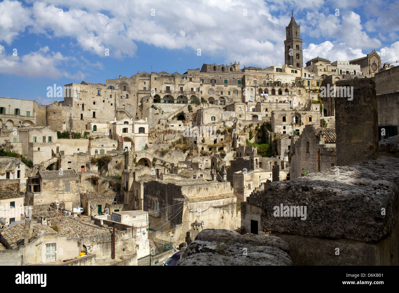 View of the Duomo and the Sassi of Matera, from the cliffside, Basilicata, Italy, Europe Stock Photo