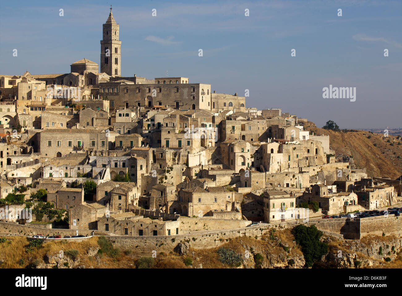 View of the Duomo and the Sassi of Matera, from the cliffside, Matera, Basilicata, Italy, Europe Stock Photo