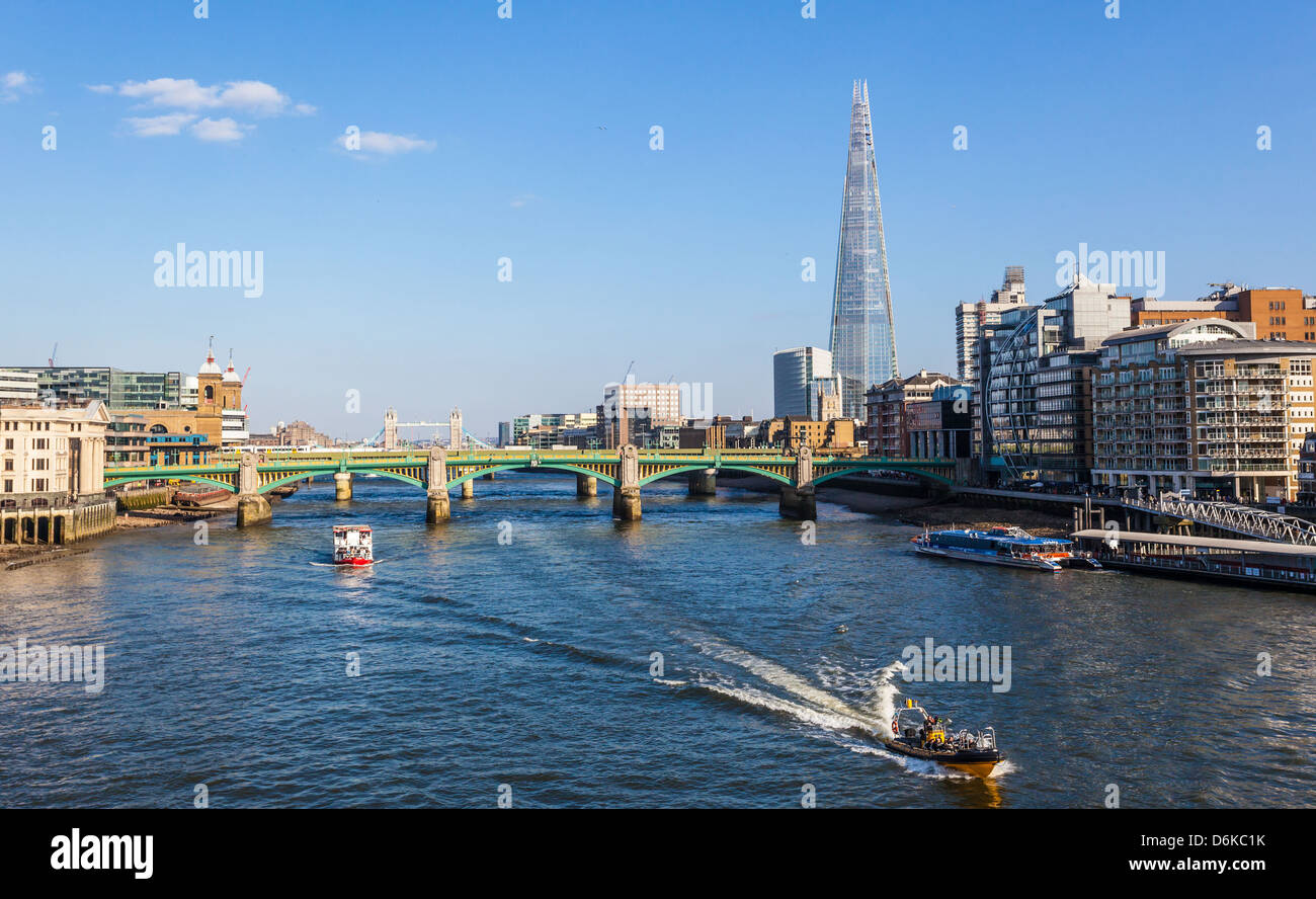 Overhead view of the River Thames and London skyline, London, England, UK Stock Photo