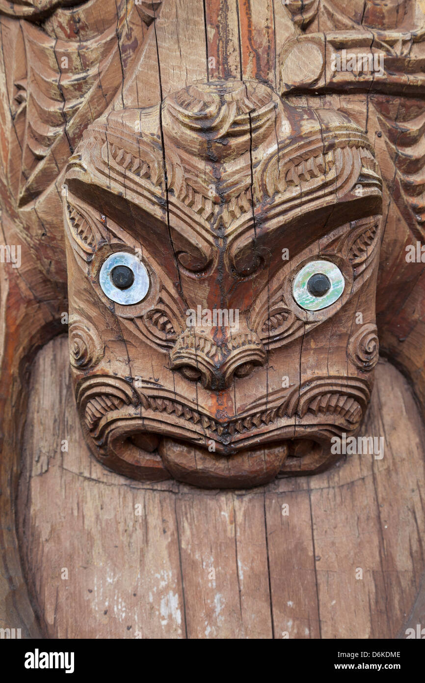 Maori wood carving at the info center in Tongariro National Park, New Zealand Stock Photo
