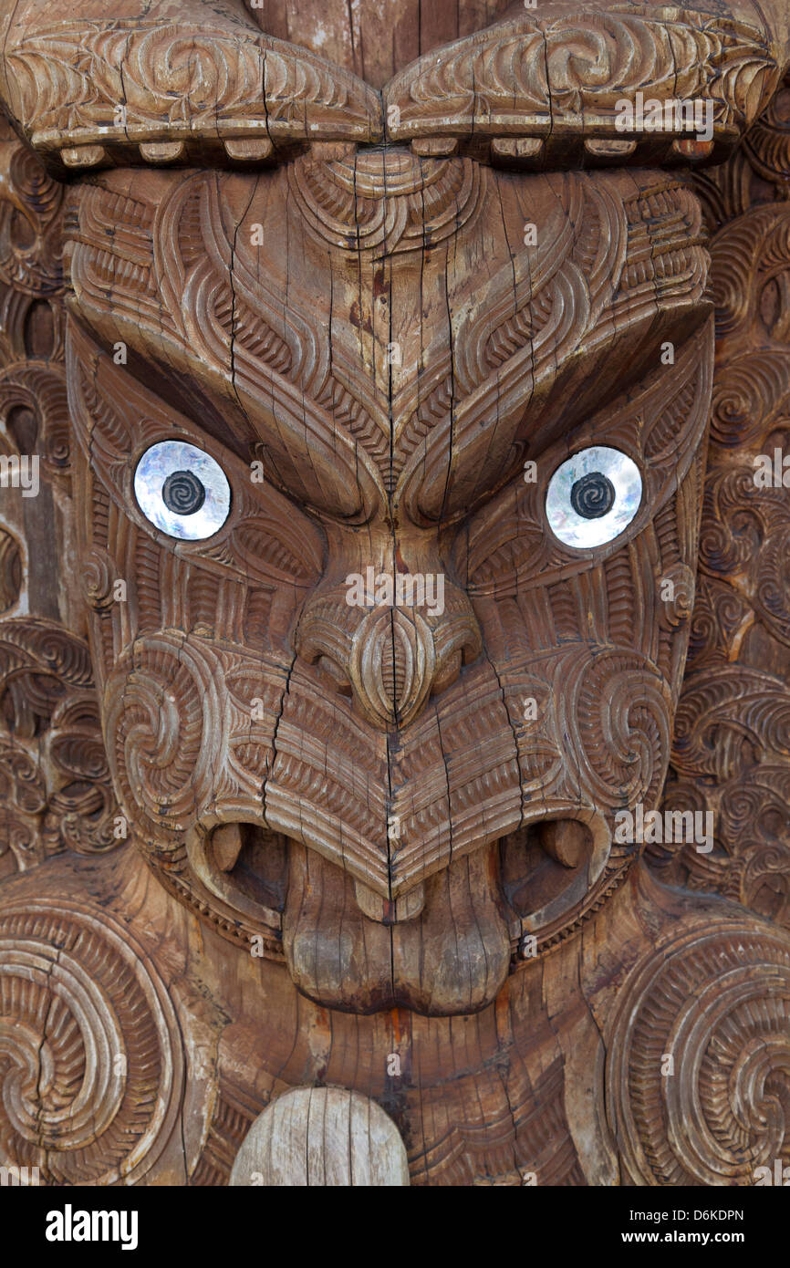 Maori wood carving at the info center in Tongariro National Park, New Zealand Stock Photo
