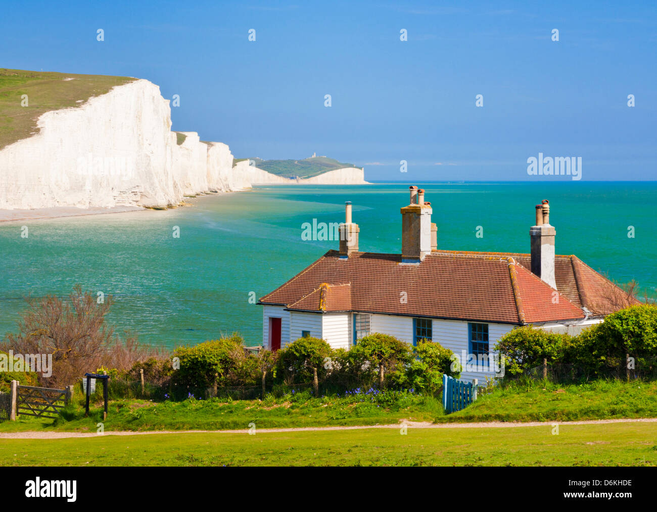 The Seven Sisters cliffs behind  the coastguard cottages on the South Downs Way, South Downs National Park, East Sussex, England, UK, GB, Europe Stock Photo