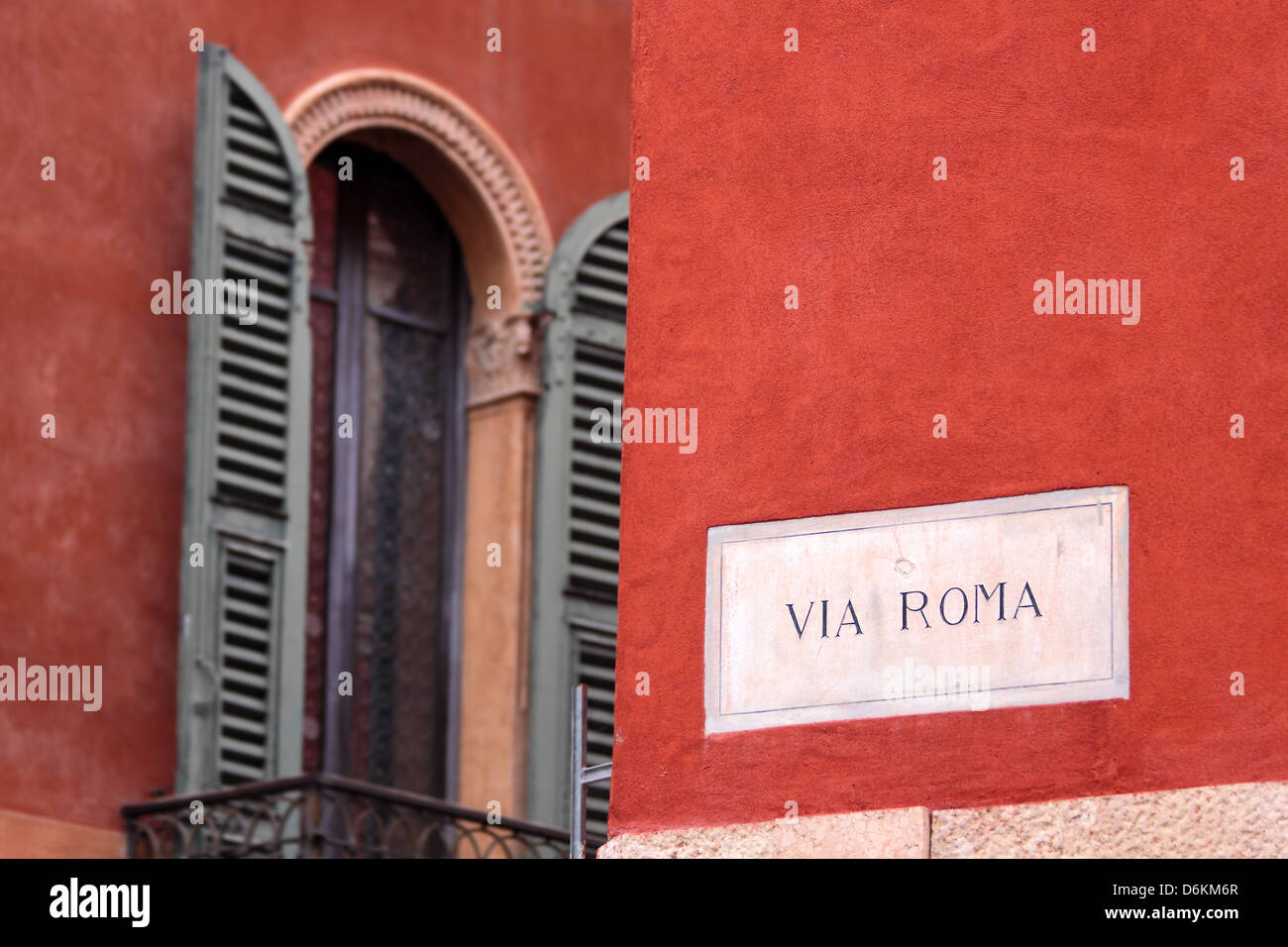 Via Roma street sign in the old town of Verona, Veneto, Italy Stock Photo