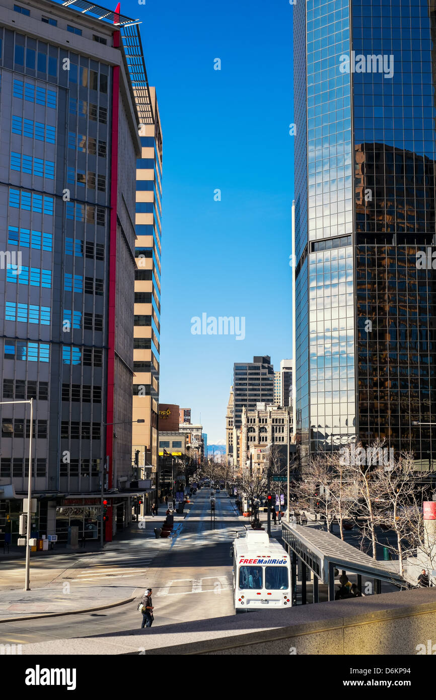 Denver's 16th Street Mall as seen from above the Civic Center bus station. Stock Photo