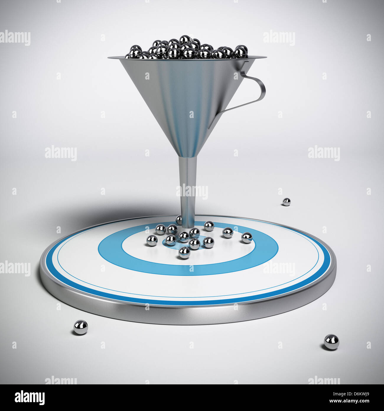 webmarketing sales funnel with metal spheres inside plus a blue target with some balls on it, illustration isolated over grey ba Stock Photo