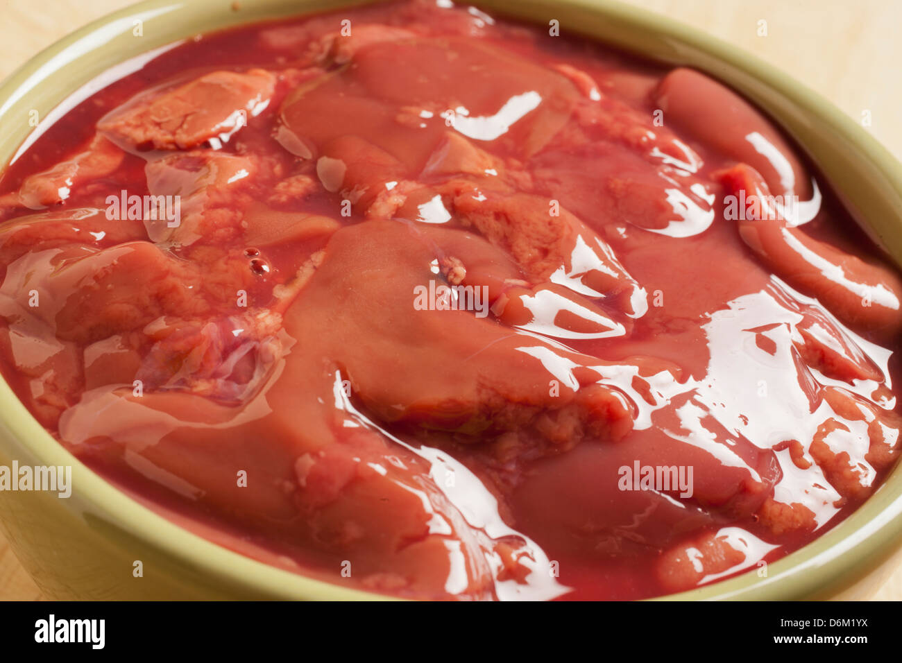 bowl of raw chicken livers Stock Photo