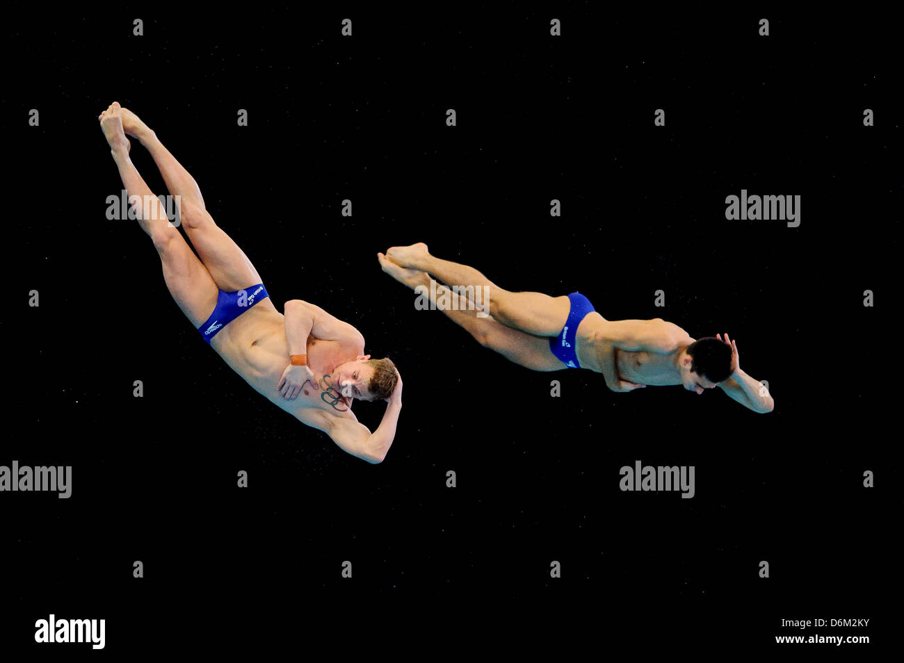 Edinburgh, Scotland. 19th April, 2013. Eventual Bronze medallists Christopher Mears &amp; Nicholas Robinson-Baker of Great Britain (GBR) in action during the Mens 3m Synchronised Springboard Final on Day 1 of the FINA/Midea Diving World Series 2013 at the Royal Commonwealth Pool in Edinburgh. Stock Photo