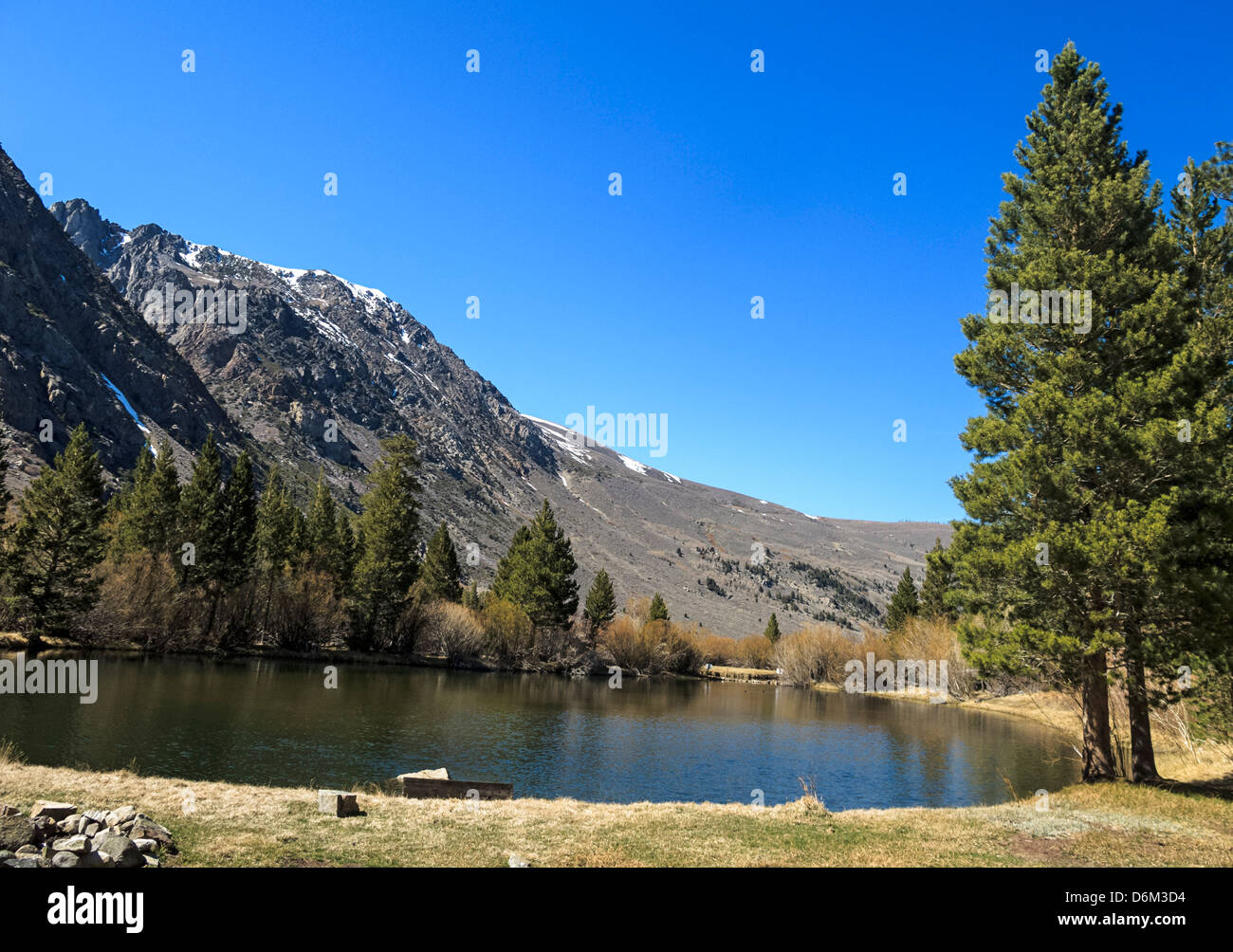 Black's Pond in town of June Lake near Yosemite National Park where final scene of Oblivion movie was filmed. Stock Photo