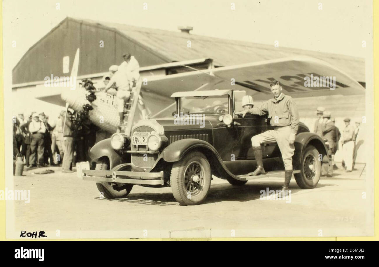 Lindbergh posed with car in front of Spirit Stock Photo Alamy