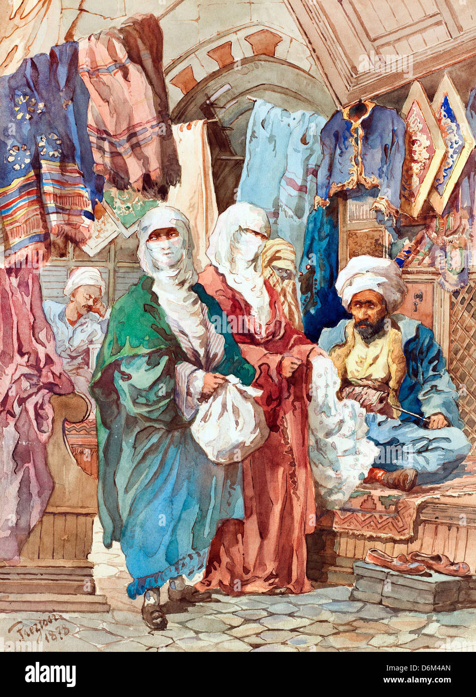 Amadeo Preziosi, The Silk Bazaar. 19th Century. Watercolor on paper. Pera Museum, Istanbul Stock Photo