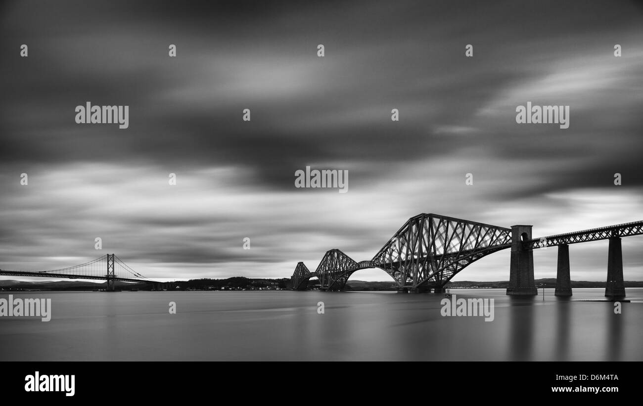 Scotland, Edinburgh, Forth Railway Bridge & Road Bridge connecting Scotland's capital city, Edinburgh, with Fife Stock Photo