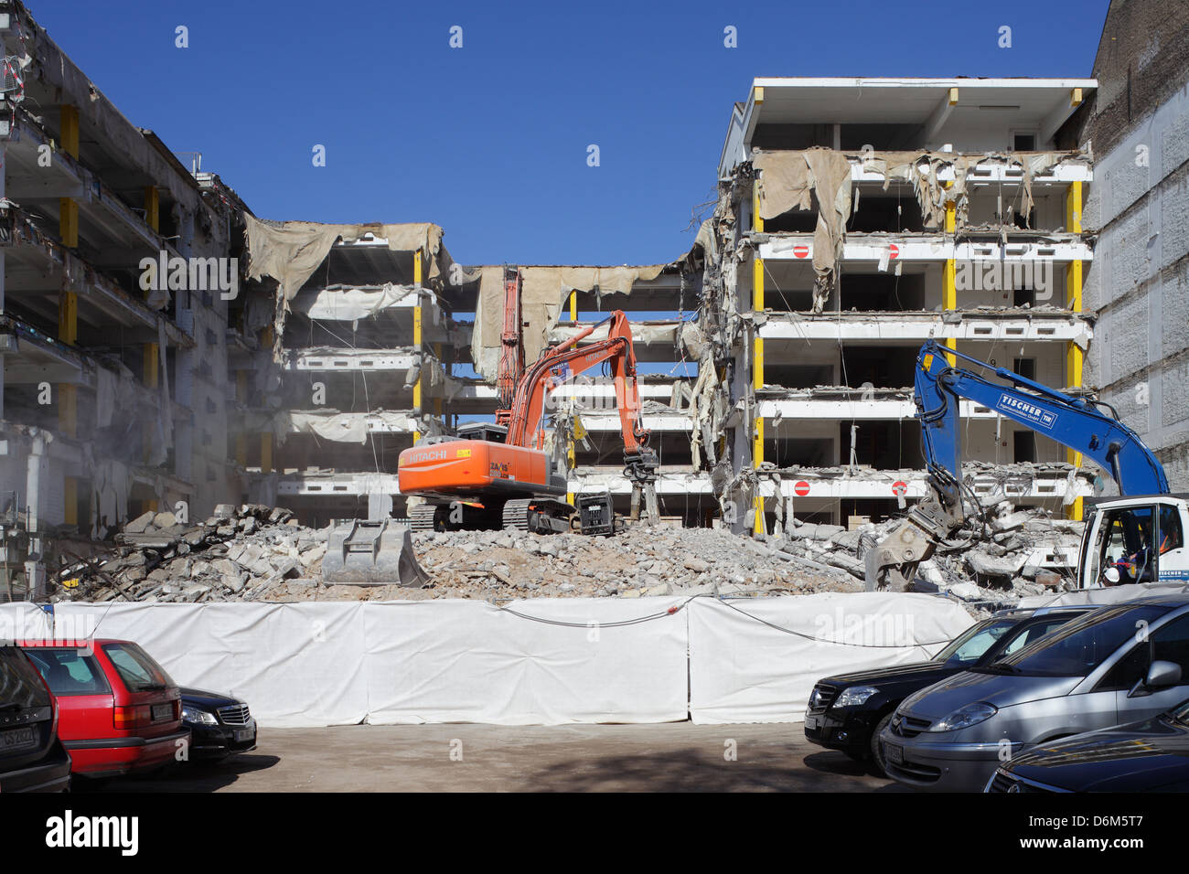 Berlin, Germany, demolition of a parking garage between employees of