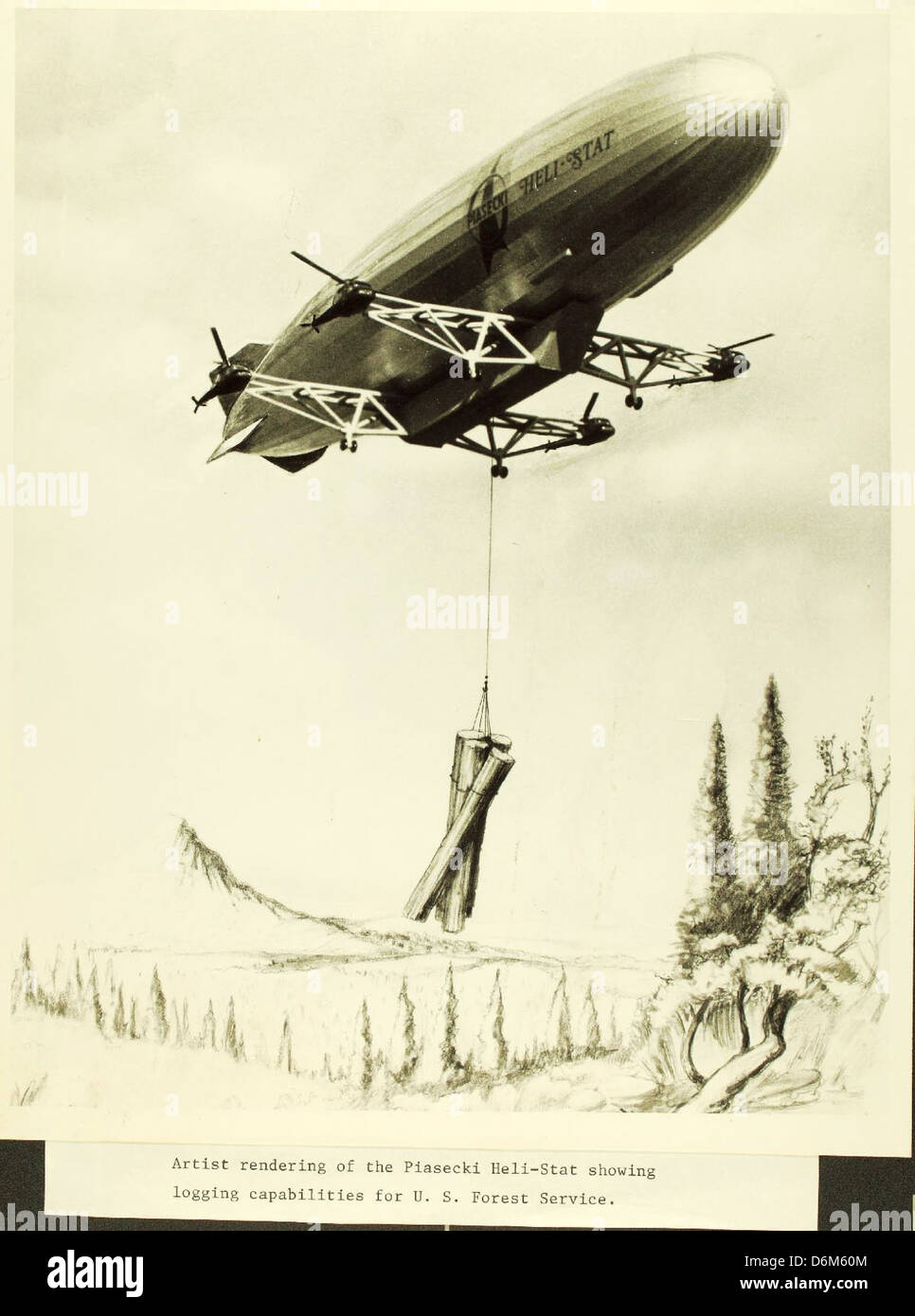 Artist rendering of the Piasecki Heli-Stat showing logging capabilities for US Forest Service NHHS Photo Stock Photo