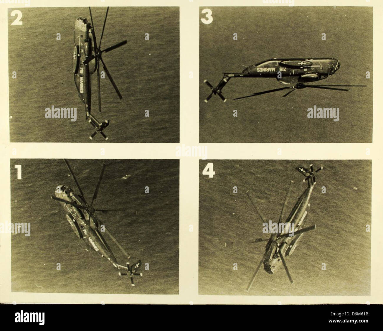 A series of four shots capture the Marine H-53 performing a loop over water. This maneuver highlights the helicopter's capabilities in aerobatics and military aviation operations. Stock Photo