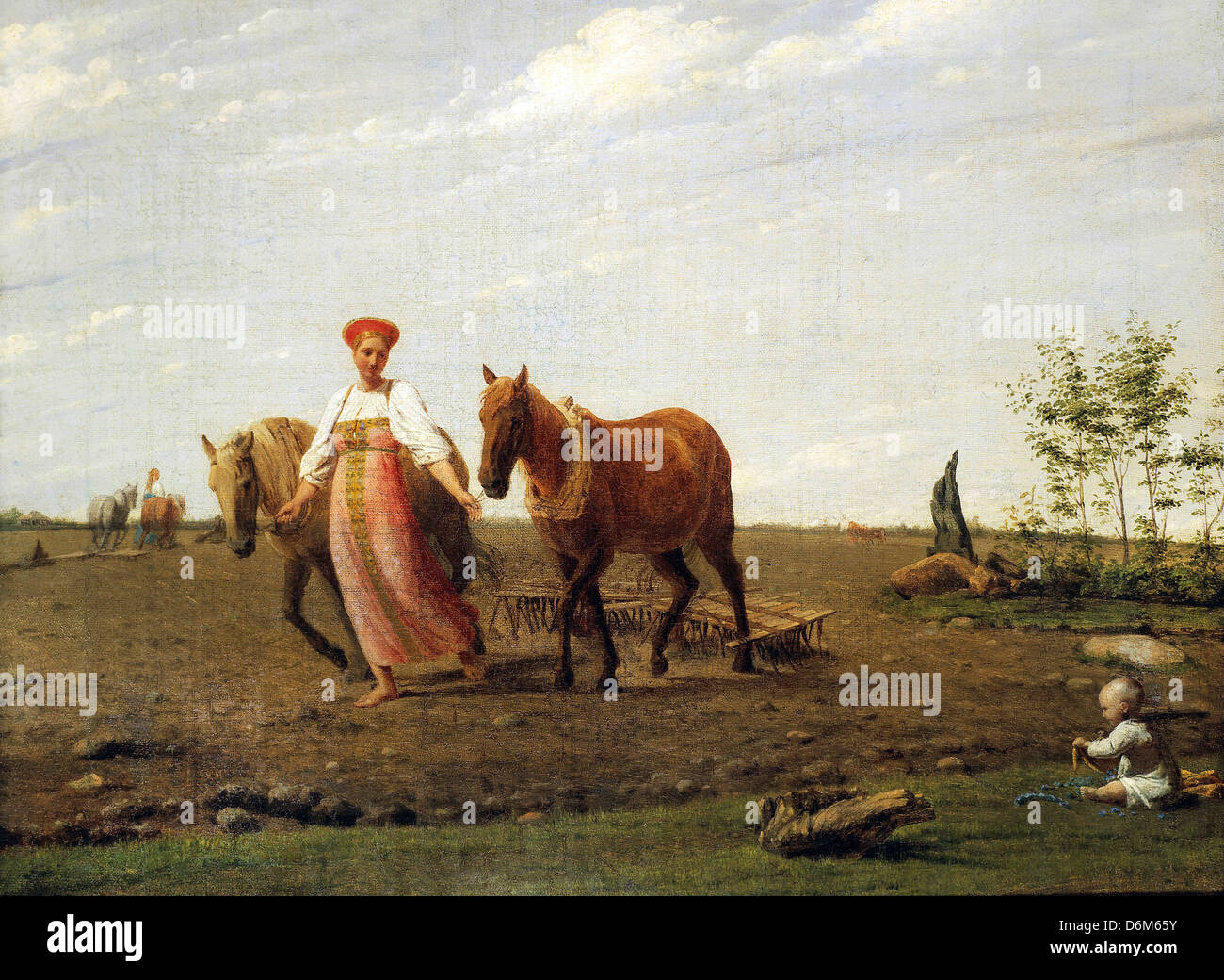 Alexey Venetsianov, In the ploughed field. Spring 1820s Oil on canvas. Tretyakov Gallery, Moscow, Russia Stock Photo