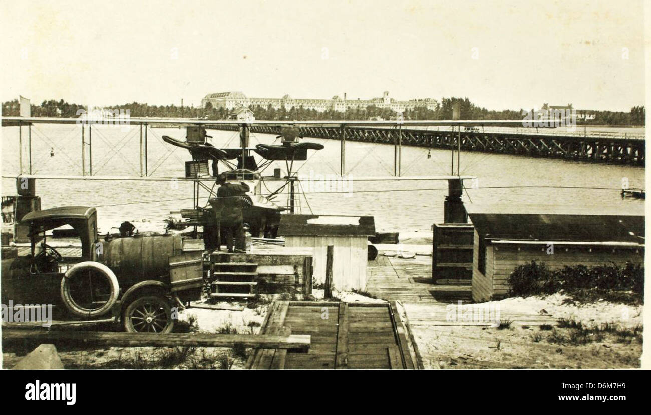The photo from the Harold Kantner Special Collection features the Curtiss H-16 flying boat Big Fish, used by the America Trans Oceanic Company in Florida. This seaplane was a significant part of early transatlantic flight operations. Stock Photo