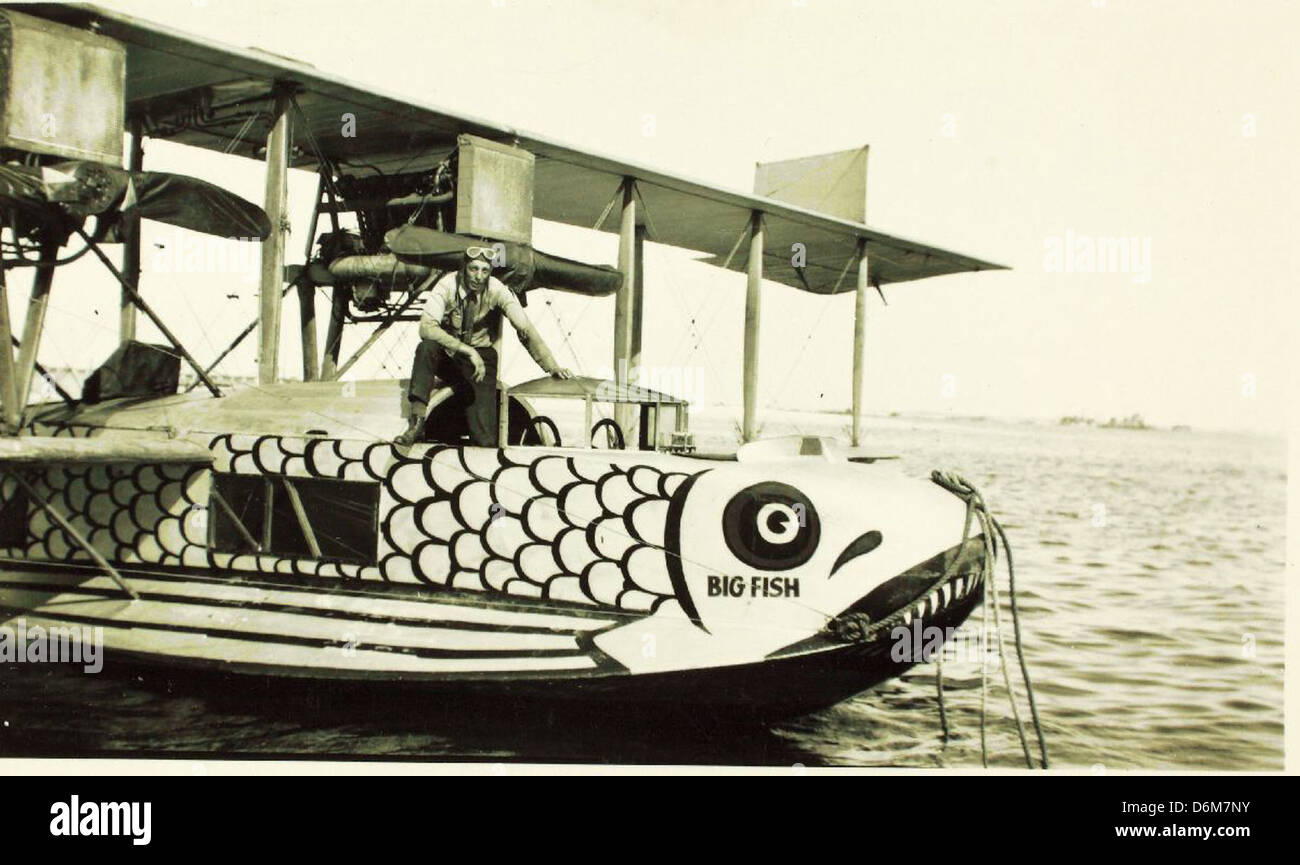 The Curtiss H-16 'Big Fish' aircraft, part of the America Trans Oceanic Company, was a large flying boat powered by the Liberty engine. It was used for transoceanic flights and demonstrates the innovative aircraft designs of its time, featuring a biplane configuration. Stock Photo
