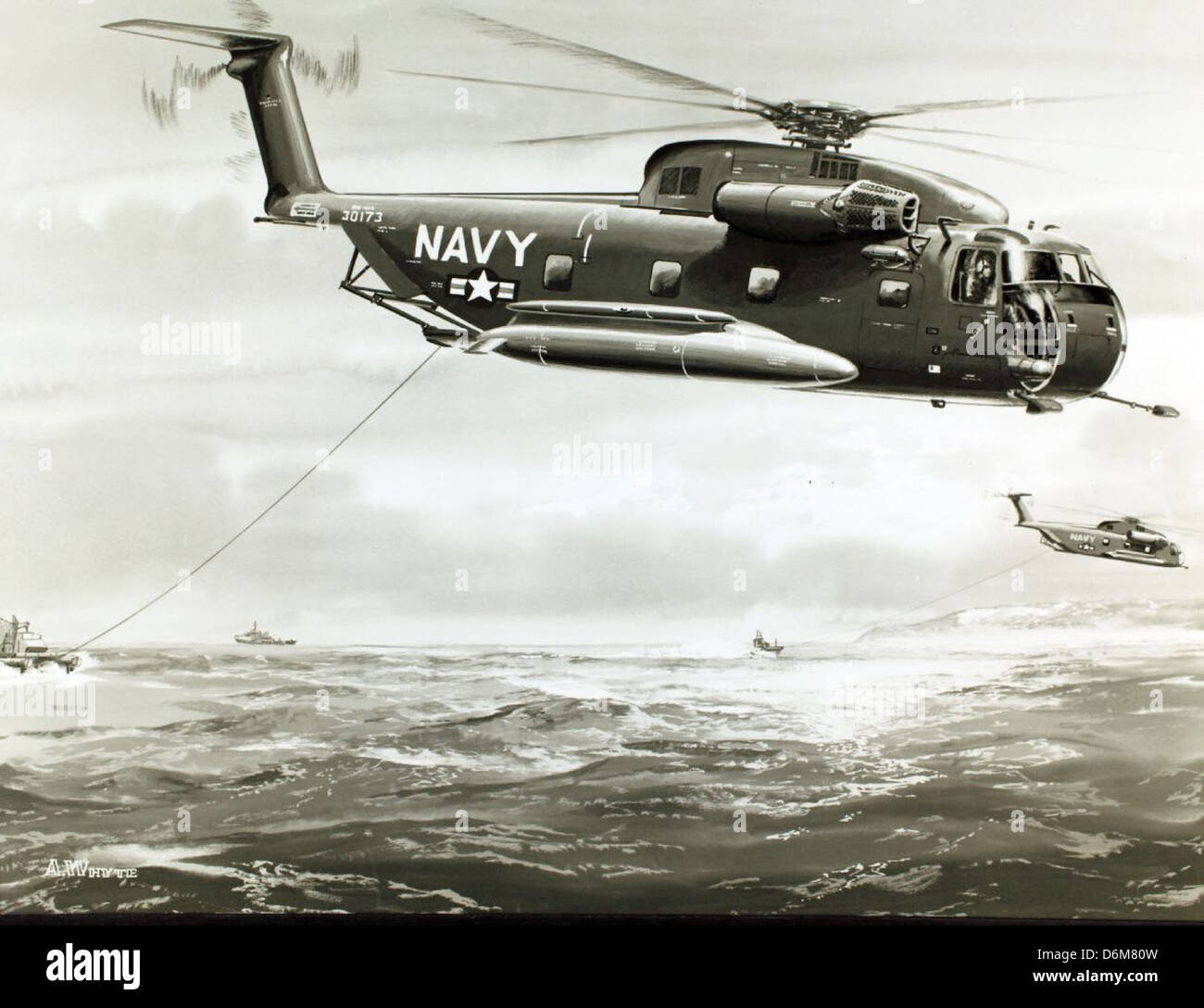 The H-53 helicopter is depicted in this illustration. It is known for its heavy-lift capabilities and has been used extensively in both military and civilian roles, providing critical support in transport, rescue, and logistical missions. Stock Photo