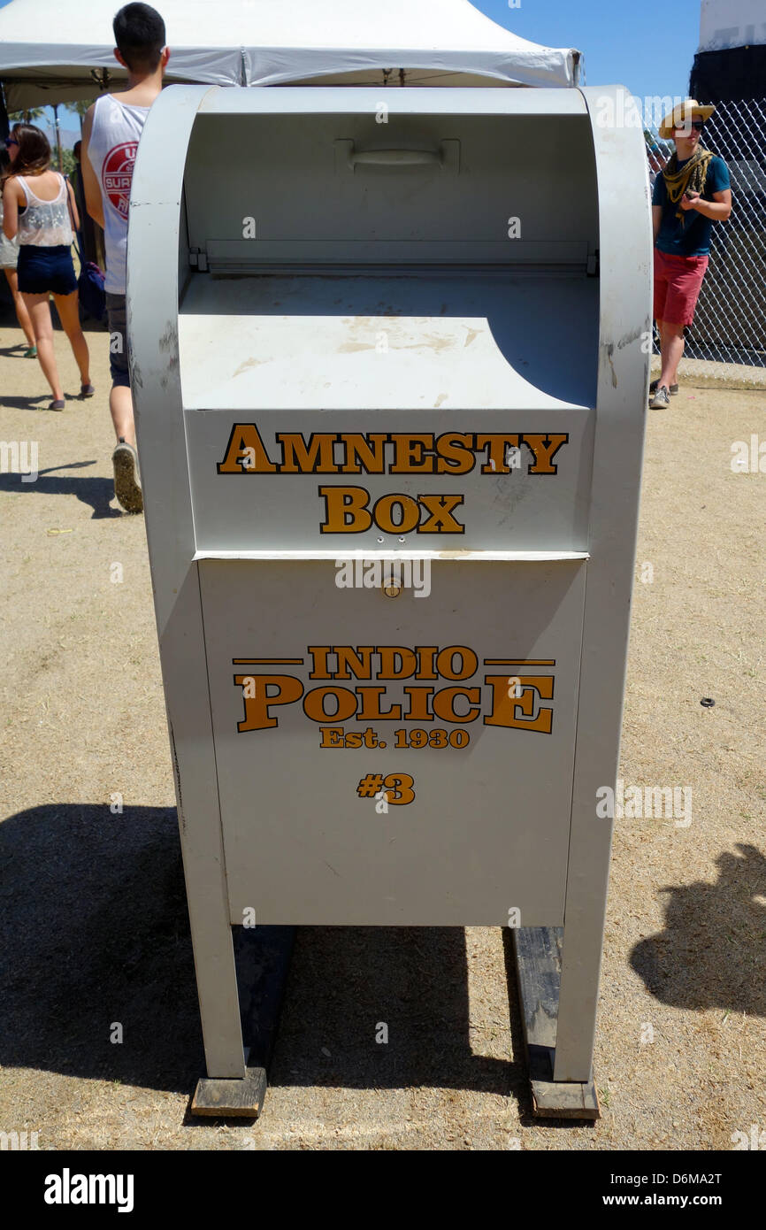 Indio, California. 19th April, 2013.  The Coachella Music Festival sold 80,000 tickets in a few hours. An Amnesty box courtesy of the Indio police, is placed just outside of the security screening area, in case anyone wants to throw away anything before being searched. April 19, 2013. Photo credit: Lisa Werner/Alamy Live News Stock Photo