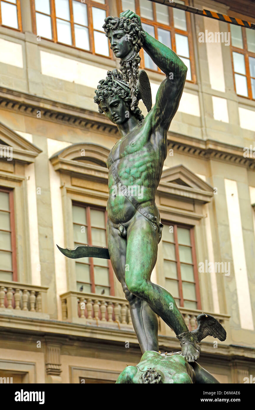 Bronze statue of Perseus beheading Medusa by Cellini standing in the Loggia dei Lanzi in Piazza della Signoria in Florence Italy Stock Photo