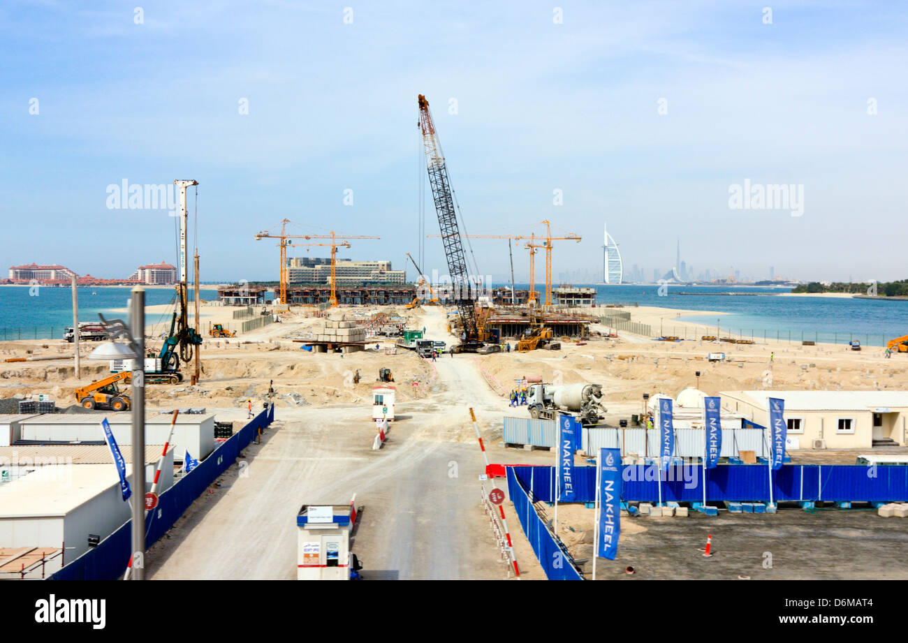 Civil Construction Activities on The Palm Jumeirah Artificial Island, Dubai, United Arab Emirates Stock Photo