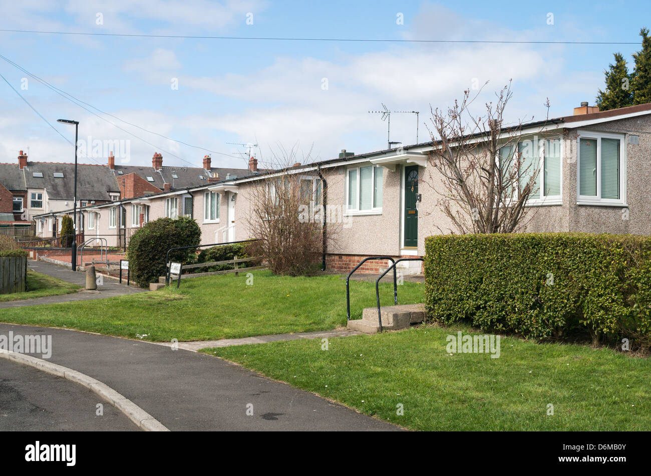 Prefabricated bungalows Gosforth north east England UK Stock Photo