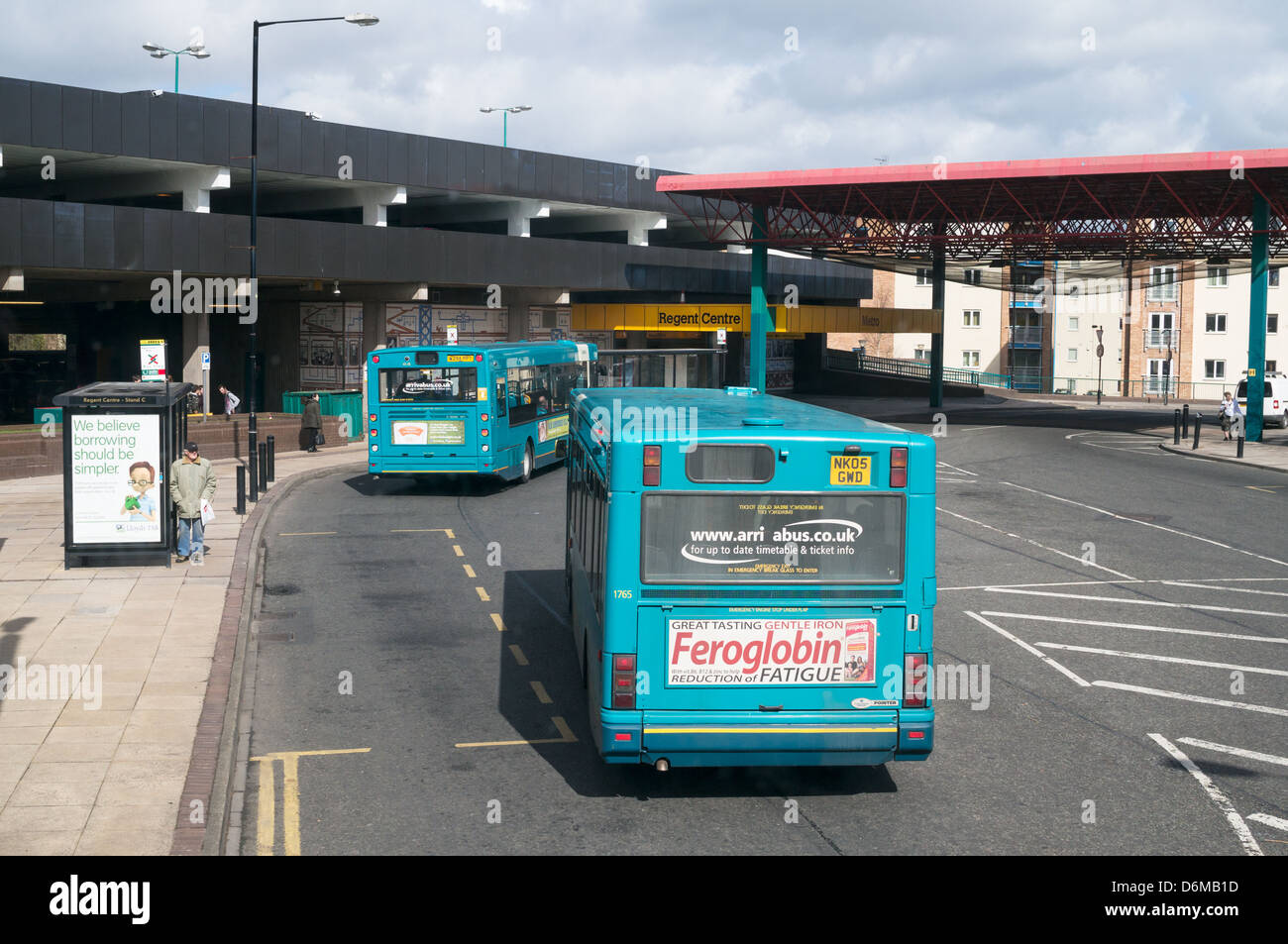 Arriva buses entering Gosforth bus station and Metro Interchange north east England UK Stock Photo