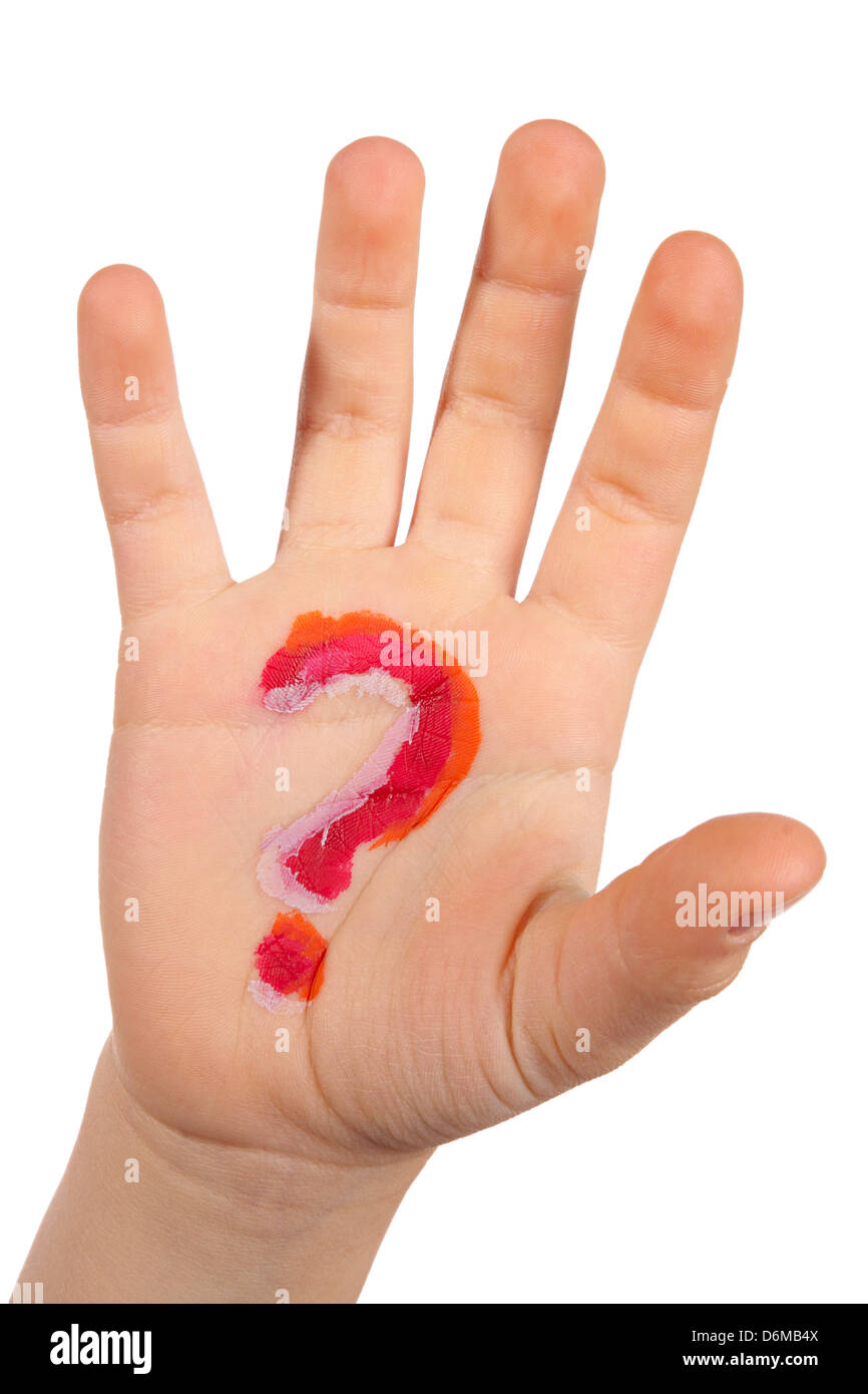 Hand with the drawn question mark. Isolated on a white Stock Photo