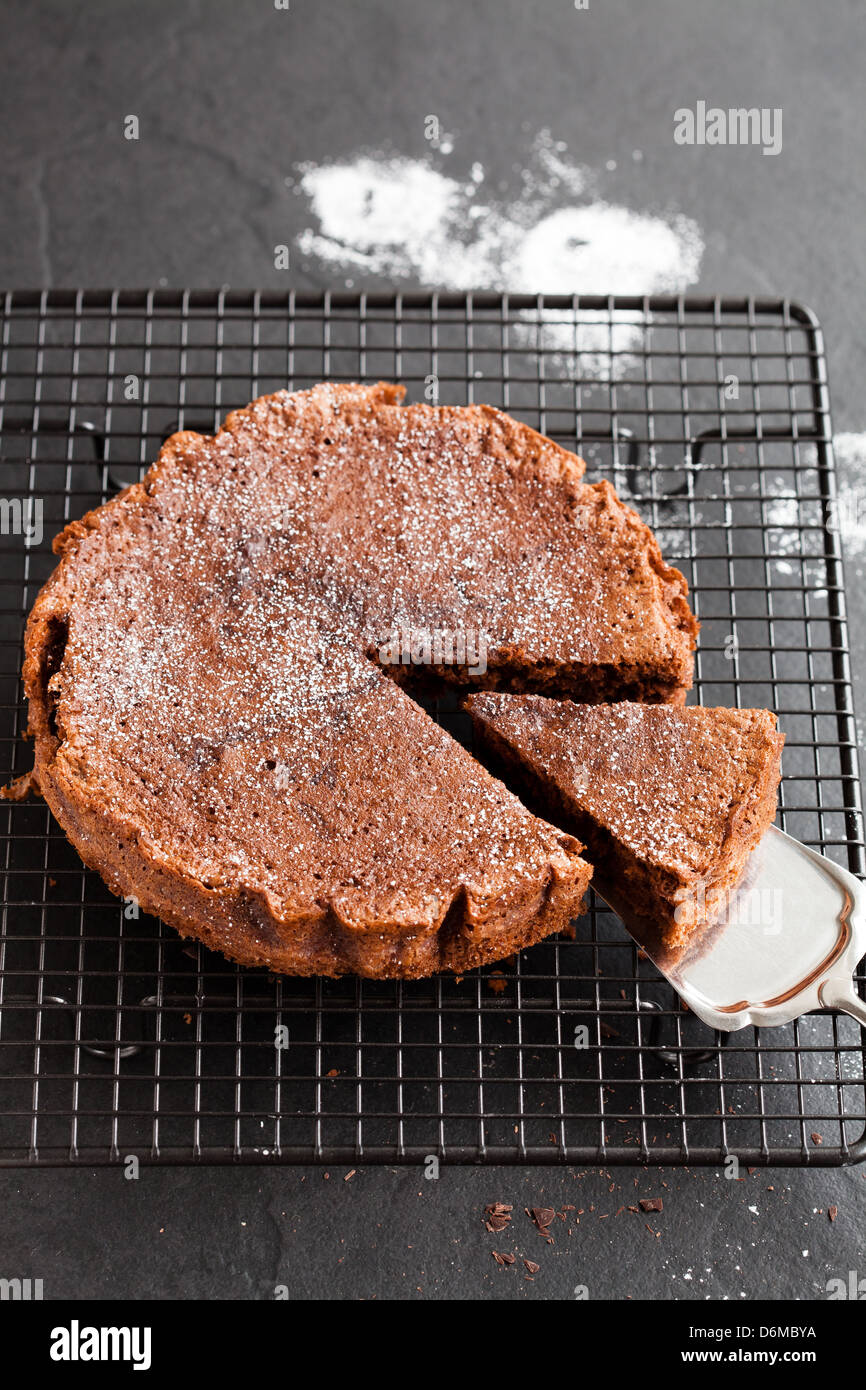 Freshly baked homemade chocolate cake on metal cooling rack with cut