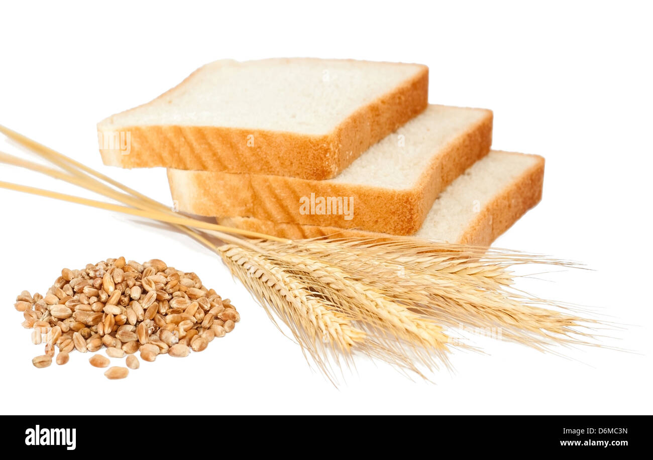 Wheat bread and grains and ears on white background Stock Photo - Alamy