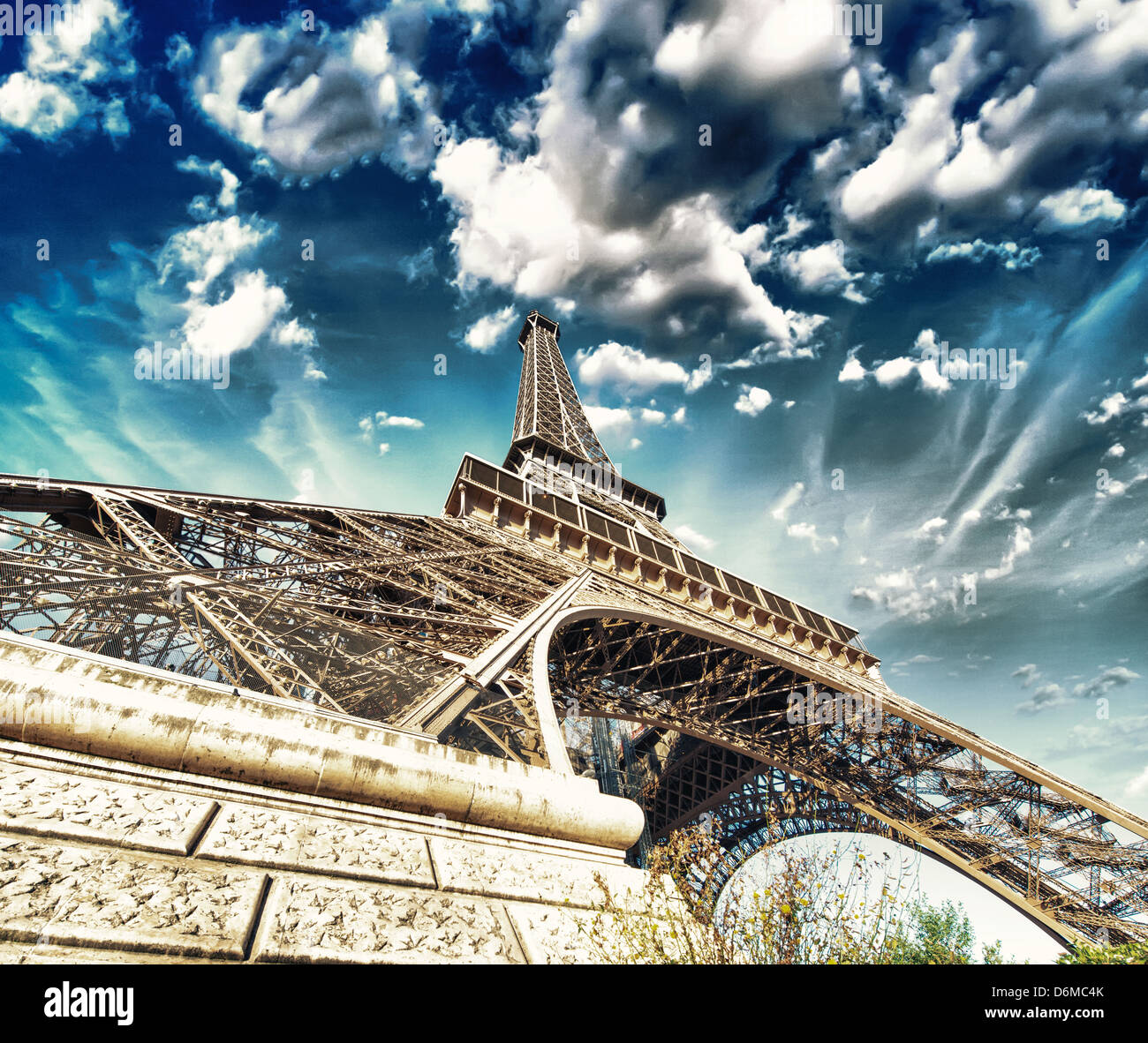 Paris. Gorgeous wide angle view of Eiffel Tower in winter season. La Tour Eiffel - France Stock Photo