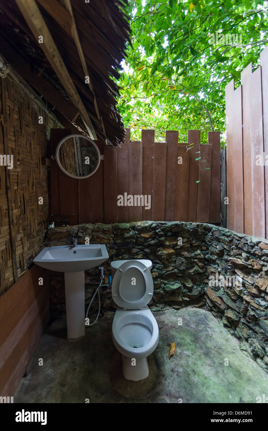 Outdoors toilet in a jugnle bungalow, Ko Phi Phi Island, Thailand Stock