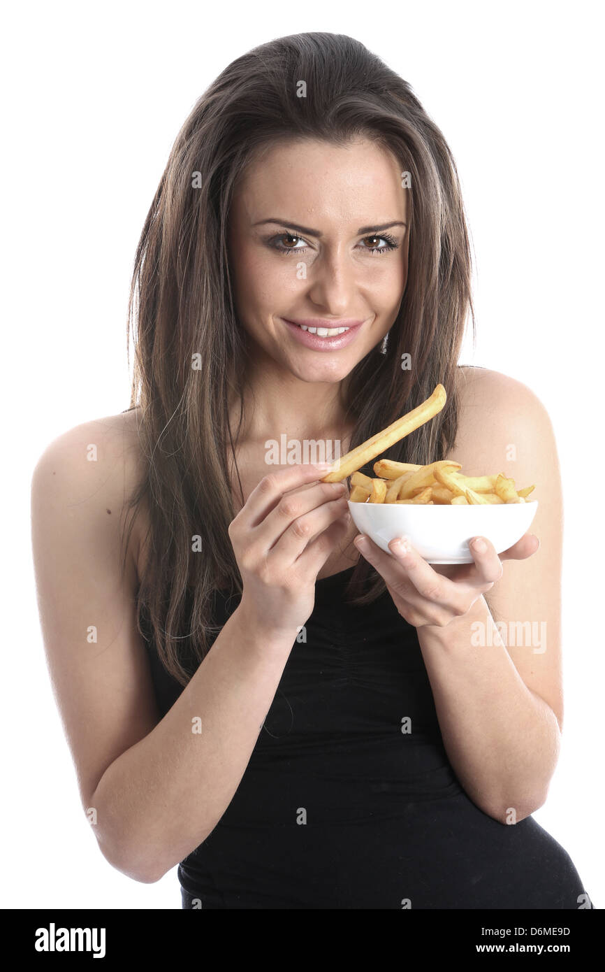 Model Released. Woman Eating Chips Stock Photo