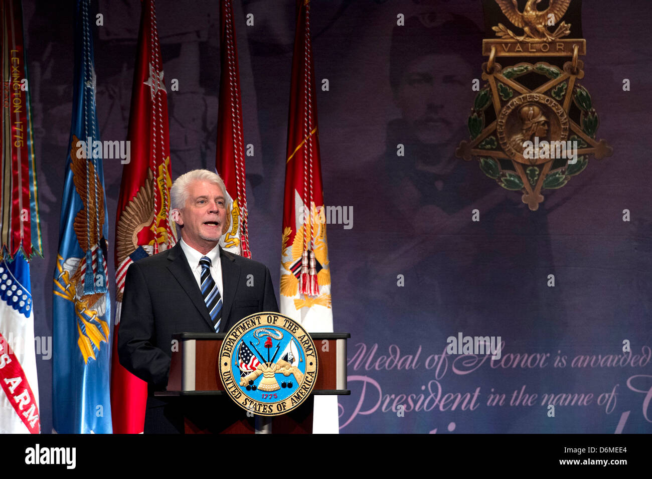 Ray Kapaun speaks during a ceremony inducing his uncle, Army Chaplain Emil Kapaun, into the Hall of Heroes at the Pentagon April 12, 2013 in Arlington, VA. Stock Photo