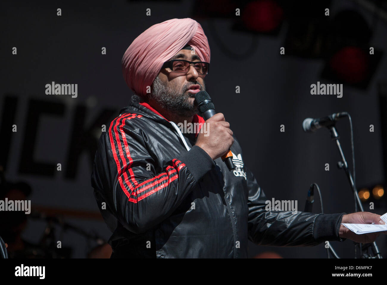 London, UK. 20th April, 2013. Comedian Hardeep Singh Kohli introduces the Live music on Record Store Day at Sister Ray Records on Berwick Street. Record Store Day came into being in 2007 when over 700 independent stores in the USA came together to celebrate their unique culture. The UK followed suit and 2013 will see the sixth celebration of the UK's unique independent sector. Credit: Martin Wheatley/Alamy Live News Stock Photo