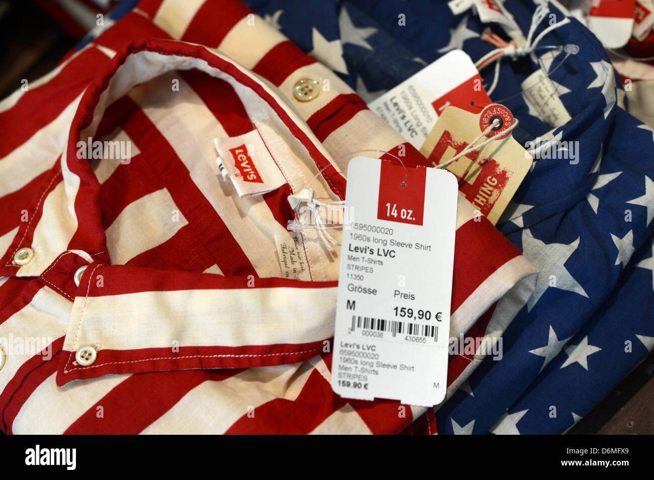 Shirt of fashion label 'Levi's' sporting a design of the US Starts and  Stripes are displayed in the '14 oz. Store' in the Cumberland house on  Kurfuerstendamm in Berlin, Germany, 16 April